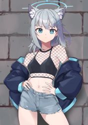Rule 34 | 1girl, absurdres, animal ear fluff, animal ears, blue archive, blue eyes, brick wall, camisole, contrapposto, cowboy shot, cross hair ornament, denim, denim shorts, extra ears, fishnet top, fishnets, grey hair, hair ornament, halo, hands on own hips, highres, jacket, medium hair, mismatched pupils, nanana narang, navel, open clothes, open jacket, shiroko (blue archive), short shorts, shorts