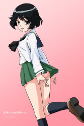 Rule 34 | 1girl, :d, arms behind back, artist name, ass, black hair, black neckerchief, black socks, blue eyes, blush, bob cut, breasts, brown footwear, clothes lift, commentary, covering privates, covering ass, dated, dress shirt, floating clothes, foot out of frame, foot up, from behind, girls und panzer, green skirt, kneehighs, light blush, light smile, loafers, long sleeves, looking at viewer, looking back, matsui yasutsugu, miniskirt, neckerchief, no panties, ooarai school uniform, open mouth, pink background, pleated skirt, sailor collar, school uniform, serafuku, shirt, shoes, short hair, skirt, skirt lift, small breasts, smile, socks, solo, teasing, twisted torso, twitter username, utsugi yuuki, walking, white sailor collar, white shirt