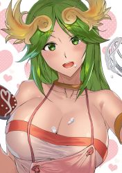 Rule 34 | 1girl, ancient greek clothes, apron, ashiomi masato, bare shoulders, breasts, chiton, choker, cleavage, dress, green eyes, green hair, kid icarus, large breasts, long hair, looking at viewer, nintendo, open mouth, palutena, parted bangs, smile, solo, super smash bros., very long hair