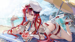 Rule 34 | 1girl, beach, bikini, food, fork, fruit, guest art, hat, highres, holding, holding fork, ice cream, inflatable armbands, looking at viewer, lying, mole, mole under eye, nachi fantuan, ocean, official art, on stomach, open mouth, outdoors, palm tree, punishing: gray raven, red eyes, smile, solo, strawberry, sunglasses, swimsuit, tree, umbrella, vera: garnet (wavebender) (punishing: gray raven), vera (punishing: gray raven), whipped cream