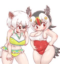 Rule 34 | 2girls, adjusting clothes, adjusting swimsuit, animal ears, atlantic puffin (kemono friends), bikini, bird tail, bird wings, black hair, blonde hair, blush, breasts, cleavage, clothes pull, frilled bikini, frills, head wings, highleg, kemono friends, large breasts, maki (02uh14l1b740ao2), multicolored clothes, multicolored hair, multicolored swimsuit, multiple girls, one-piece swimsuit, one-piece swimsuit pull, open mouth, red eyes, red hair, red one-piece swimsuit, short hair, southern tamandua (kemono friends), swimsuit, tail, tamandua ears, tamandua tail, two-tone swimsuit, undersized clothes, white hair, white one-piece swimsuit, wings