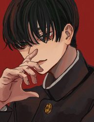 Rule 34 | 1boy, bad id, bad pixiv id, black hair, black jacket, buttons, commentary, gakuran, green eyes, hair over eyes, hand to own mouth, hand up, jacket, kagoya1219, long bangs, long sleeves, looking at viewer, male focus, original, portrait, red background, school uniform, short hair, simple background, solo, upper body