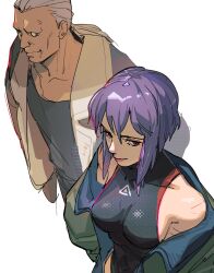 Rule 34 | 1boy, 1girl, absurdres, artificial eye, batou (gits), black leotard, black shirt, breasts, collarbone, from above, ghost in the shell, ghost in the shell: sac 2045, green jacket, grey hair, grey jacket, hair behind ear, highres, jacket, kusanagi motoko, leotard, looking to the side, medium breasts, off shoulder, red eyes, shirt, short hair, smile, thundergotch, walking, white background