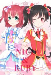 Rule 34 | 10s, 2girls, \m/, black hair, blush, bokura no live kimi to no life, character name, collared shirt, copyright name, dress, green eyes, hair between eyes, hair ribbon, highres, idol, in-franchise crossover, kurosawa ruby, locked arms, love live!, love live! school idol project, love live! sunshine!!, mashuhope (chinesere), multiple girls, necktie, one eye closed, red eyes, red hair, ribbon, shirt, smile, twintails, two side up, yazawa nico