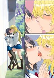 Rule 34 | 2girls, against wall, ayanero taicho, bare legs, between legs, black hair, black legwear, blonde hair, blue eyes, blue skirt, blush, closed eyes, comic, couple, eye contact, female focus, french kiss, frottage, full body, highres, holding hands, interlocked fingers, kiss, leg between thighs, legs, lips, long hair, long sleeves, looking at another, multiple girls, neck, necktie, open mouth, original, outdoors, pantyhose, pleated skirt, purple eyes, red neckwear, saliva, school uniform, shoes, short hair, skirt, socks, standing, tongue, tongue out, tree, upper body, yuri