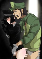 Rule 34 | 1boy, 1girl, artist request, ass, billy banx jr., black hair, blush, breasts, burn the witch, clothed sex, clothes pull, embarrassed, facial hair, fingering, gloves, grey eyes, hand on another&#039;s chest, hat, hetero, highres, looking at another, looking back, mustache, pants, pants pull, sex, short hair, small breasts, sullivan squire, tagme, uniform, vaginal