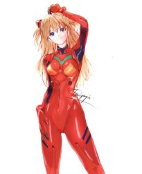 Rule 34 | 1girl, artist request, blue eyes, bodysuit, breasts, brown hair, hand in own hair, highres, interface headset, long hair, looking at viewer, medium breasts, neon genesis evangelion, plugsuit, red bodysuit, shiny clothes, signature, skin tight, smile, solo, souryuu asuka langley, two side up, white background