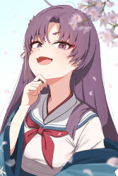 Rule 34 | 1girl, blue archive, breasts, eyeshadow, fang, halo, haori, highres, japanese clothes, large breasts, long hair, looking at viewer, makeup, neckerchief, open mouth, petals, purple eyes, purple hair, purple halo, red eyeshadow, red neckerchief, revision, sailor collar, school uniform, serafuku, short eyebrows, skin fang, smile, solo, udon f, upper body, white sailor collar, yukari (blue archive)