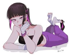 Rule 34 | 1girl, :p, arm support, bandages, black hair, black tube top, blunt bangs, bracelet, breasts, cleavage, closed mouth, earrings, eye (mememem), feet, feet up, full body, han juri, high heels, highres, jewelry, long hair, looking at viewer, lying, medium breasts, no shoes, on stomach, pants, pink eyes, pink hair, pink pants, ponytail, shoe dangle, simple background, smile, soles, solo, strapless, street fighter, street fighter v, the pose, toes, tongue, tongue out, tube top, white background