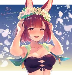 Rule 34 | 1girl, :d, animal ear fluff, animal ears, anniversary, arms up, bandeau, bare arms, bare shoulders, blush, breasts, calm mashiro, cleavage, dated, etrian odyssey, head wreath, hound (sekaiju), medium breasts, open mouth, orange eyes, petals, rabbit ears, red hair, sekaiju no meikyuu, sekaiju no meikyuu 5, short hair, smile, solo, twitter username