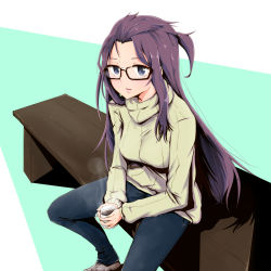Rule 34 | 1girl, bad id, bad pixiv id, bench, black-framed eyewear, blue eyes, blue pants, blush, breasts, brown footwear, coffee, coffee mug, commentary request, cup, denim, glasses, green sweater, highres, holding, holding cup, holding mug, jeans, kagamihara sakura, lips, long hair, looking at viewer, medium breasts, mug, one side up, pants, parted lips, pink lips, purple hair, ribbed sweater, shoes, sitting, sneakers, solo, steam, sweater, turtleneck, turtleneck sweater, very long hair, watermelon pan, yurucamp