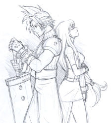 Rule 34 | 1990s (style), buster sword, cloud strife, couple, final fantasy, final fantasy vii, lowres, monochrome, sword, tifa lockhart, weapon