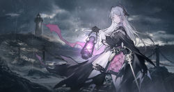 Rule 34 | 1girl, ajirui, arknights, black gloves, black jacket, capelet, chain, cloud, cloudy sky, gloves, grey eyes, grey hair, highres, holding, holding lantern, irene (arknights), jacket, lantern, lighthouse, long hair, long sleeves, looking at viewer, looking to the side, outdoors, pantyhose, parted lips, pleated skirt, pole, puffy long sleeves, puffy sleeves, rain, skirt, sky, solo, sword, very long hair, water, weapon, white capelet, white pantyhose, white skirt