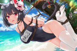 Rule 34 | 1girl, animal ear fluff, animal ears, arms behind back, asphyxiation, azur lane, bdsm, bell, black hair, bondage, bound, breasts, cat tail, collarbone, covered navel, devil heavens, highres, large breasts, no shoes, official alternate costume, outdoors, peril, red eyes, rope, school swimsuit, shibari, short hair, skindentation, suspension, swimsuit, tail, tail bell, tail ornament, thighhighs, wet, white thighhighs, yamashiro (azur lane), yamashiro (summer offensive?) (azur lane)