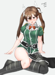 Rule 34 | 1girl, asymmetrical legwear, brown hair, commentary request, dated, grey background, hair between eyes, hair ribbon, highres, kantai collection, long hair, looking at viewer, maru (marg0613), military, military uniform, one-hour drawing challenge, pelvic curtain, ribbon, simple background, single thighhigh, sitting, smile, solo, thighhighs, tone (kancolle), tone kai ni (kancolle), twintails, twitter username, uneven legwear, uniform, white ribbon