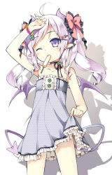 Rule 34 | 1girl, ahoge, bare shoulders, cowboy shot, demon girl, demon tail, demon wings, dress, fang, food, hair ribbon, horns, long hair, looking at viewer, midriff, mofetousu furuna, one eye closed, open mouth, original, pointy ears, popsicle, purple eyes, ribbon, saru, shadow, silver hair, simple background, solo, sweat, tail, twintails, white background, wings, wink