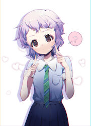 Rule 34 | 1girl, ?, alternate eye color, blue shirt, blue skirt, breast pocket, breasts, brown eyes, checkered necktie, collar, commentary, expressionless, eyelashes, green necktie, hands up, heart, highres, idolmaster, idolmaster million live!, index fingers together, light blush, looking at viewer, makabe mizuki, mochitsuki kagami, necktie, pleated skirt, pocket, purple hair, shadow, shirt, short hair, short sleeves, sidelocks, skirt, small breasts, solo, spoken question mark, upper body, wavy hair, white background, white collar, wing collar