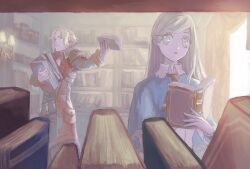 1boy 1girl ascot blonde_hair blue_capelet blue_eyes book bookshelf brown_hair capelet castlevania:_portrait_of_ruin castlevania_(series) charlotte_aulin coat highres holding holding_book jonathan_morris knife long_hair red_ascot red_coat salt_(reincarnation) smile throwing_knife weapon window