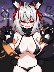Rule 34 | 1girl, :d, absurdres, animal ear fluff, animal ears, animal hands, antenna hair, arknights, bare shoulders, bikini, black bikini, blurry, blurry background, blush, breasts, claws, cleavage, clothes writing, cowboy shot, depth of field, english text, fang, fur collar, gloves, grey hair, halloween, highres, kemonomimi mode, kimofest, large breasts, long hair, looking back, multicolored hair, navel, open mouth, paw gloves, red hair, skin fang, smile, solo, stomach, swimsuit, tail, two-tone hair, v arms, w (arknights)