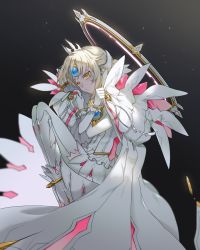 Rule 34 | 1girl, blonde hair, bracelet, closed mouth, crown, curled up, elsword, eve (elsword), facial mark, floating, frills, gem, highres, jewelry, light particles, medium hair, migumi, skirt, solo, white footwear, white legwear, white skirt, white theme, yellow eyes, zipper pull tab