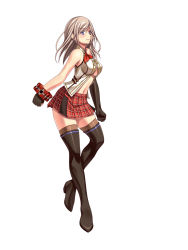 Rule 34 | 10s, 1girl, alisa ilinichina amiella, black footwear, black gloves, black thighhighs, blue eyes, boots, breasts, cabbie hat, elbow gloves, fingerless gloves, gloves, god eater, god eater 2: rage burst, hat, hobenkei, large breasts, long hair, looking at viewer, silver hair, simple background, skirt, solo, suspender skirt, suspenders, thigh boots, thighhighs, underboob, white background