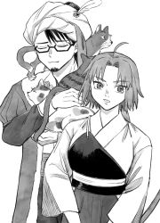 Rule 34 | 1boy, 1girl, :3, ahoge, animal, animal on shoulder, calico, cat, cheeeeese0619, closed eyes, coat, cowboy shot, curtained hair, facial hair, fate/stay night, fate (series), glasses, greyscale, hakama, hat feather, highres, holding, holding animal, japanese clothes, kimono, long sleeves, looking at viewer, mehmed ii (fate), mitsuzuri ayako, monochrome, muneate, open mouth, puffy short sleeves, puffy sleeves, short hair, short sleeves, simple background, stubble, swept bangs, turban, upper body, white background