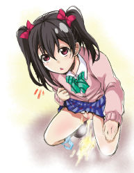 Rule 34 | 10s, 1girl, black hair, black legwear, blue panties, blue skirt, blush, bow, bowtie, brown footwear, cardigan, censored, clothes lift, from above, green neckwear, hair bow, highres, inuyashiki rushi, long hair, long sleeves, looking at viewer, looking up, love live!, love live! school idol project, mosaic censoring, open mouth, panties, panties around leg, peeing, pink cardigan, pink eyes, plaid, plaid skirt, puddle, pussy, red bow, school uniform, shirt, shoes, skirt, skirt lift, socks, squatting, steam, striped clothes, striped neckwear, striped panties, twintails, underwear, white panties, white shirt, yazawa nico