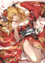 Rule 34 | 10s, 1girl, alternate costume, blonde hair, blush, breasts, empty eyes, finger in own mouth, floral print, granblue fantasy, hair ornament, hair ribbon, japanese clothes, kimono, large breasts, lialight, lips, long hair, looking at viewer, lying, no panties, obi, off shoulder, on back, open mouth, ponytail, red eyes, red kimono, ribbon, sash, solo, vira (granblue fantasy), wide sleeves