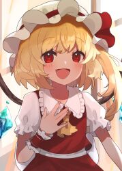 Rule 34 | 1girl, :d, ascot, blonde hair, blush, collared shirt, commentary, crystal, fang, fingernails, flandre scarlet, frilled shirt collar, frills, hand up, hat, hat ribbon, highres, long hair, looking at viewer, machimo, mob cap, open mouth, puffy short sleeves, puffy sleeves, red eyes, red ribbon, red skirt, red vest, ribbon, shirt, short sleeves, side ponytail, skirt, smile, solo, touhou, upper body, vest, white hat, white shirt, wings, wrist cuffs, yellow ascot, ||/