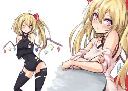 Rule 34 | 1girl, ahoge, alternate costume, alternate hairstyle, amagi (amagi626), black gloves, black thighhighs, blonde hair, blush, breasts, casual, collarbone, commentary request, contemporary, covered navel, crossed arms, elbow gloves, feet out of frame, fingerless gloves, flandre scarlet, gloves, hair between eyes, highres, long hair, looking at viewer, multiple views, off-shoulder shirt, off shoulder, one eye closed, red eyes, shirt, short hair, short hair with long locks, side ponytail, simple background, small breasts, smile, standing, table, thighhighs, thighs, touhou, twintails, two side up, upper body, white background, wings, zoom layer