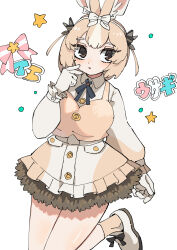 1girl :o absurdres animal_ears blue_bow blue_bowtie blush bow bowtie brown_bow brown_dress brown_eyes brown_fur brown_socks brown_vest collared_dress domestic_rabbit_(kemono_friends) dress frilled_skirt frills fur_trim gloves hair_between_eyes hair_bow highres kanmoku-san kemono_friends light_brown_hair long_sleeves multicolored_hair puffy_sleeves rabbit_ears rabbit_girl sidelocks skirt socks solo translation_request two-tone_dress two-tone_hair vest white_bow white_dress white_footwear white_gloves white_hair