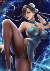 Rule 34 | 1girl, artist name, bare shoulders, bracelet, breasts, brown eyes, brown hair, bun cover, capcom, chun-li, cleavage, clothing cutout, commentary, double bun, dress, earrings, fighting stance, gold trim, hair bun, high heels, jewelry, leg up, lips, loincloth, looking at viewer, makeup, medium breasts, panties, parted lips, pelvic curtain, sade abyss, short dress, signature, simple background, sleeveless, sleeveless dress, smile, spiked bracelet, spikes, street fighter, street fighter ii (series), turtleneck, underwear