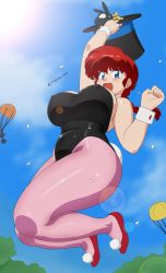 Rule 34 | 1girl, ass, black leotard, blue eyes, blue sky, blush, breasts, covered erect nipples, hat, highres, jumping, leotard, mage (harumagedon), nipples, p-chan, pantyhose, playboy bunny, ranma-chan, ranma 1/2, red hair, saotome ranma, shoes, sky, text focus, top hat