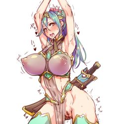 Rule 34 | 1girl, aqua thighhighs, armpits, arms up, bad id, bad twitter id, bare shoulders, blue hair, blush, breasts, covered erect nipples, cowboy shot, facing viewer, female focus, female pubic hair, functionally nude, heart, impossible clothes, inactive account, large breasts, long hair, looking at viewer, navel, nipples, no bra, no panties, open mouth, original, pelvic curtain, pubic hair, puffy areolae, pussy, pussy juice, pussy juice drip, see-through, sheath, sheathed, simple background, solo, sweat, sword, thighhighs, trembling, uncensored, weapon, white background, yamada (gotyui), yellow eyes