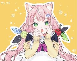 Rule 34 | 1girl, animal ear fluff, animal ears, bow, cardigan, cat ears, character name, green eyes, hair bow, hands on own cheeks, hands on own face, k www com, long hair, looking at viewer, low twintails, nijisanji, nijisanji kr, off shoulder, open mouth, pink hair, solo, twintails, very long hair, virtual youtuber, yang nari, yang nari (1st costume), yellow cardigan