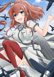 Rule 34 | 1girl, aircraft, airplane, anchor, blue eyes, blue sky, breast pocket, breasts, brown hair, cloud, commentary request, dated, day, dress, flight deck, grey dress, hair between eyes, hair ornament, highres, kantai collection, large breasts, lens flare, matsuura@parao, neckerchief, one-hour drawing challenge, open mouth, panties, pocket, ponytail, red thighhighs, round teeth, saratoga (kancolle), saratoga mk ii (kancolle), side ponytail, sidelocks, sky, smile, smokestack, solo, sun, teeth, thighhighs, twitter username, underskirt, underwear, upper teeth only, white panties
