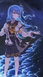 Rule 34 | 1girl, absurdres, bare legs, beach, belt, black sailor collar, black skirt, blue eyes, blue hair, blush, bow, bowtie, earrings, feet out of frame, floating hair, grey belt, hair between eyes, high-waist skirt, highres, hololive, hoshimachi suisei, hoshimachi suisei (school uniform), jacket, jewelry, long hair, long sleeves, looking away, looking to the side, meteor shower, night, night sky, ocean, one side up, open clothes, open jacket, outdoors, parted lips, pleated skirt, rain, sailor collar, school uniform, serafuku, skirt, sky, solo, standing, star (sky), star (symbol), star in eye, symbol in eye, virtual youtuber, white jacket, yellow bow, yellow bowtie, yozora (1wkdgusdn)