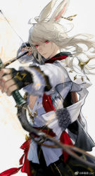 Rule 34 | 1boy, animal ears, antenna hair, archer (final fantasy), warrior of light (ff14), black gloves, blonde hair, bow (weapon), capelet, cowboy shot, drawing bow, earrings, final fantasy, final fantasy xiv, fingerless gloves, floating hair, from side, gloves, highres, holding, holding bow (weapon), holding weapon, jewelry, long sleeves, looking ahead, male focus, mamaomao-psd, motion blur, rabbit ears, red eyes, serious, shirt, simple background, single earring, solo, standing, viera, weapon, weibo logo, weibo watermark, white background, white capelet, white shirt