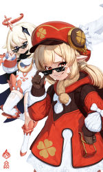 Rule 34 | 2girls, adjusting eyewear, adjusting glasses, blonde hair, blue eyes, commentary request, deal with it (meme), genshin impact, grin, halo, hand on own hip, hat feather, highres, jacket, klee (genshin impact), looking at viewer, looking over eyewear, looking over glasses, mechanical halo, medium hair, meme, monologue (tfrksg), multiple girls, paimon (genshin impact), pixelated, platinum blonde hair, red eyes, red headwear, red jacket, scarf, smile, smug, sunglasses, thighhighs, tinted eyewear, troll face, white legwear