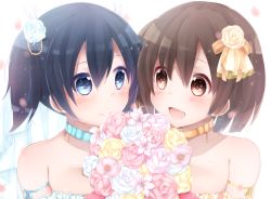 Rule 34 | 10s, 2girls, blue eyes, blue hair, breasts, brown eyes, brown hair, bucket, cherry rosso, choker, dress, flower, hair between eyes, hair flower, hair ornament, hair ribbon, hiryuu (kancolle), kantai collection, multiple girls, open mouth, personification, ribbon, short hair, side ponytail, smile, souryuu (kancolle), twintails, upper body, veil, wedding dress