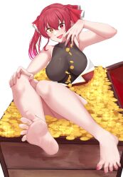Rule 34 | 1girl, :d, absurdres, arm up, armpit crease, armpits, bare legs, bare shoulders, barefoot, box, breasts, coin, covered collarbone, cropped jacket, feet, foot focus, gold coin, gradient hair, hair between eyes, hair ribbon, hand on own knee, heterochromia, highres, hololive, houshou marine, houshou marine (1st costume), impossible clothes, impossible leotard, in box, in container, jacket, knees up, large breasts, legs, leotard, leotard under clothes, looking at viewer, mmneko, multicolored hair, nail polish, open mouth, partially undressed, pink nails, purple hair, red eyes, red hair, red jacket, red ribbon, ribbon, sidelocks, simple background, sitting, sleeveless, sleeveless jacket, smile, soles, solo, spread toes, toenail polish, toenails, toes, treasure chest, twintails, virtual youtuber, white background, yellow eyes