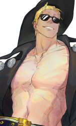 Rule 34 | 1boy, abs, bare pectorals, black hat, blonde hair, coat, guilty gear, guilty gear strive, hat, highres, johnny (guilty gear), l4r3justdead, large belt, large pectorals, looking to the side, male focus, muscular, muscular male, open clothes, pectorals, smile, solo, sunglasses, upper body
