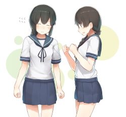 Rule 34 | 10s, 2girls, black hair, blue skirt, blush, braid, brown hair, clenched hands, closed eyes, commentary request, cowboy shot, eyebrows, flying sweatdrops, fuu fuu, hair over shoulder, isonami (kancolle), kantai collection, long hair, looking at another, multiple girls, pleated skirt, profile, school uniform, serafuku, short sleeves, simple background, single braid, skirt, smile, standing, uranami (kancolle)