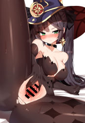 Rule 34 | 1girl, bad id, bad pixiv id, bar censor, bare shoulders, black bodysuit, black choker, black hair, black legwear, black ribbon, blush, bodystocking, bodysuit, breasts, censored, choker, cleavage, closed mouth, collarbone, covered navel, earrings, embarrassed, frown, genshin impact, green eyes, hair ribbon, hat, highres, jewelry, jubro, korean commentary, long hair, looking at viewer, lying, medium breasts, mona (genshin impact), on side, purple hat, pussy, ribbon, simple background, single earring, skin tight, solo, spread legs, spread pussy, star (symbol), star earrings, sweat, torn bodystocking, torn clothes, torn legwear, tsurime, twintails, white background, witch hat