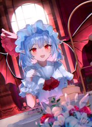 1girl ascot bat_wings blue_hair blurry blush bow collared_shirt colored_inner_hair commentary cup depth_of_field fangs fork frilled_shirt_collar frills hat hat_ribbon highres holding holding_cup knife mob_cap multicolored_hair open_mouth pointy_ears red_ascot red_bow red_eyes remilia_scarlet ribbon sakizaki_saki-p shirt short_sleeves sleeve_bow smile solo teacup touhou twitter_username white_hat white_shirt window wings wrist_cuffs