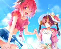 Rule 34 | 1boy, 1girl, :o, ;d, absurdres, astolfo (fate), ayamori mimi, black bow, black ribbon, blue eyes, blue skirt, blue sky, bob cut, bow, breasts, casual one-piece swimsuit, cleavage, collarbone, commentary request, crop top, day, dutch angle, eyes visible through hair, fate/apocrypha, fate (series), flower, frankenstein&#039;s monster (fate), frilled skirt, frilled swimsuit, frills, furrowed brow, glint, hair between eyes, hair bow, hair intakes, hair ornament, hair over eyes, hair scrunchie, halterneck, hand grab, hand on own leg, hand up, hat, hat bow, hat flower, headgear, heterochromia, hibiscus, highres, hood, hood down, hooded jacket, horns, jacket, lace-trimmed bow, lace trim, large bow, leaning forward, long hair, looking at viewer, miniskirt, multicolored hair, off shoulder, one-piece swimsuit, one eye closed, open clothes, open jacket, open mouth, outdoors, parted bangs, pink flower, pink hair, pink jacket, pink shirt, pleated skirt, print bow, purple eyes, red scrunchie, ribbon, sarong, scrunchie, shirt, short hair, short sleeves, single horn, skirt, sky, small breasts, smile, standing, stomach, streaked hair, sun hat, swimsuit, swimsuit under clothes, tied shirt, trap, two-tone hair, v-shaped eyebrows, wading, water, water drop, wet, white hair, white hat, white one-piece swimsuit, yellow bow, yellow eyes