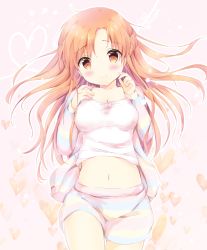 Rule 34 | 10s, 1girl, amedamacon, asuna (sao), bad id, bad pixiv id, blonde hair, blush, bow, breasts, brown eyes, camisole, cleavage, closed mouth, cowboy shot, half updo, hands up, heart, heart of string, long hair, looking at viewer, medium breasts, navel, parted bangs, pink background, pink bow, shorts, sleepwear, smile, solo, sword art online, asuna (sao)