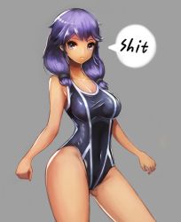 Rule 34 | 1girl, bad id, bad pixiv id, breasts, competition swimsuit, english text, grey background, grey eyes, highleg, highleg swimsuit, large breasts, long hair, notte, one-piece swimsuit, original, profanity, purple hair, simple background, solo, speech bubble, swimsuit, twintails