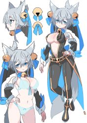 Rule 34 | 1girl, :3, animal ears, ankle boots, bell, black pants, blue bra, blue eyes, blue panties, blush, boots, bra, breasts, cleavage, closed mouth, detached sleeves, grey hair, hair bell, hair ornament, hand on own hip, highres, inukaze yamu, jingle bell, large breasts, long sleeves, looking at viewer, multiple views, neck bell, original, panties, pants, parted lips, shishimanako hareko, short hair, simple background, smile, underwear, underwear only, white background