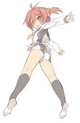 Rule 34 | 1girl, ass, black socks, blade (galaxist), blush, brown eyes, from behind, from below, isshiki akane, kneehighs, kneepits, legs, looking at viewer, looking back, open mouth, red hair, school uniform, short hair, short shorts, short twintails, shorts, smile, socks, solo, thighs, twintails, vividred operation